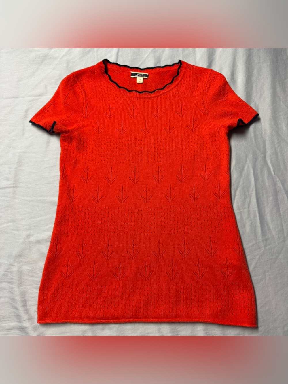 J Crew Bright Red Short-Sleeve Cashmere Knit Top with Contrast Trim